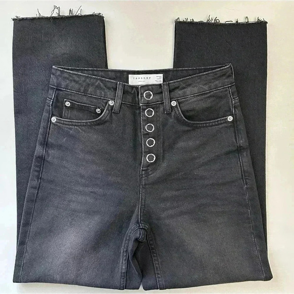 Topshop Straight Leg Jeans High Rise Popper Front Cropped Raw Hem Black Size 26 - Picture 13 of 16